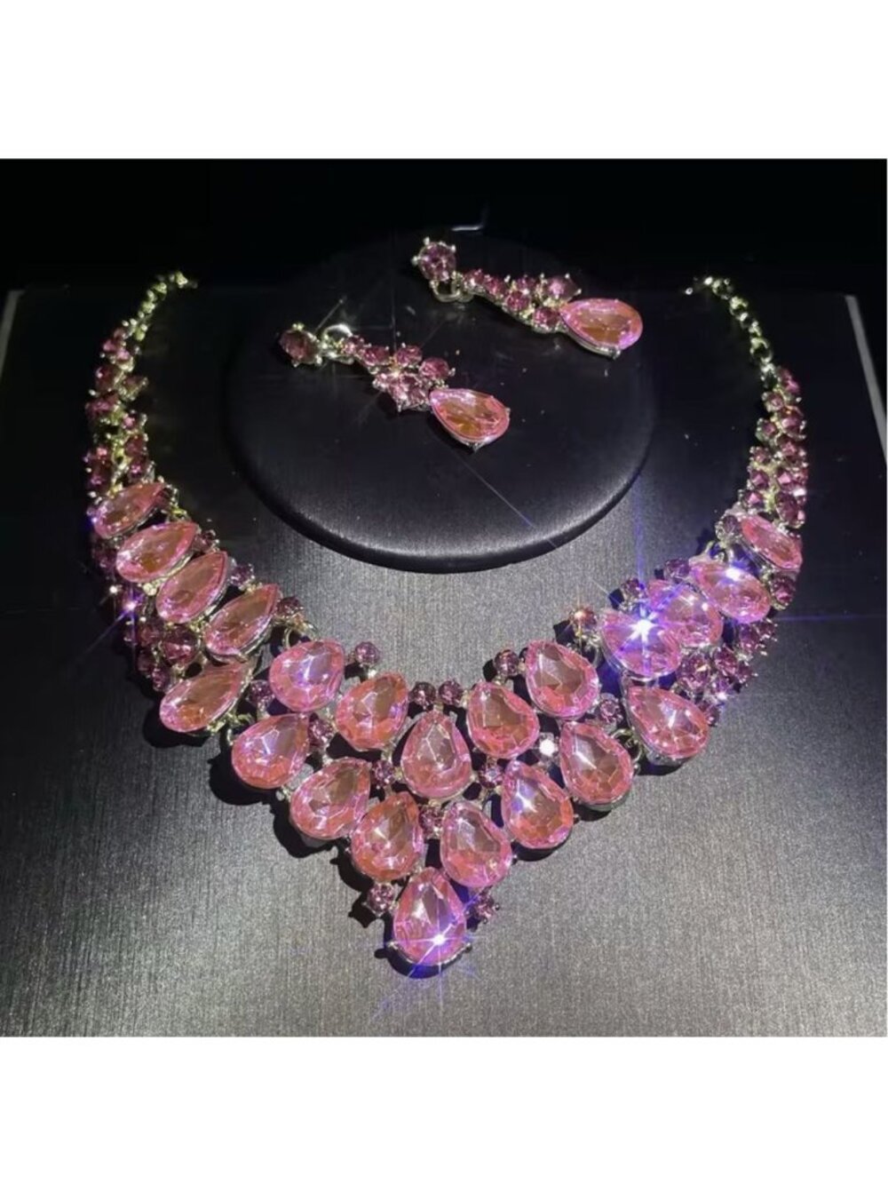 Pink Crystal Necklace & Earring Set Teardrop Design Gold Tone